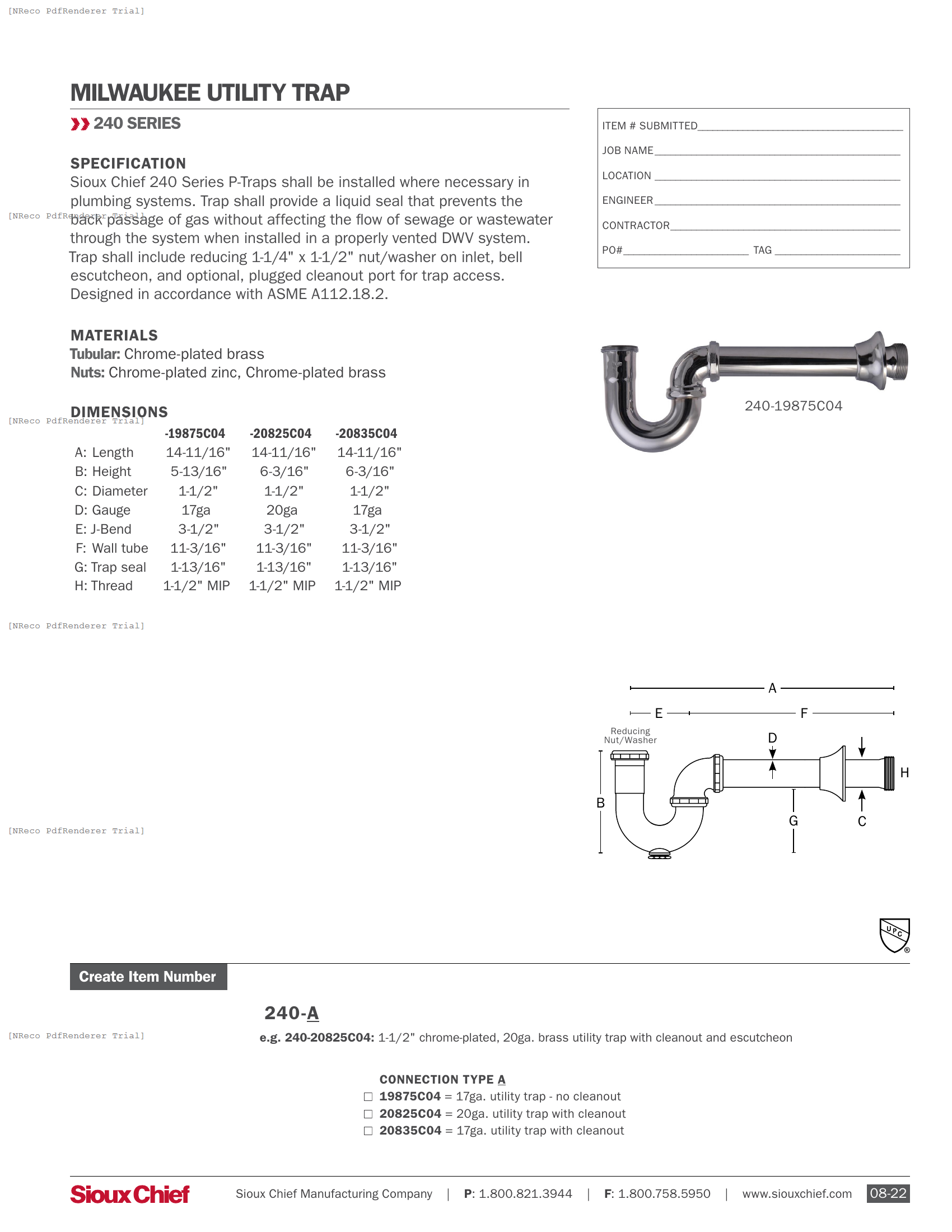 240 SERIES - MILWAUKEE UTILITY TRAP - SPEC SHEET.PDF Specification Document